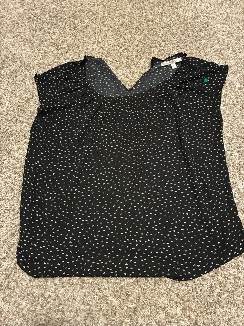 LC Lauren Conrad Black V-Neck Cap Sleeve Blouse with White Ditsy Print